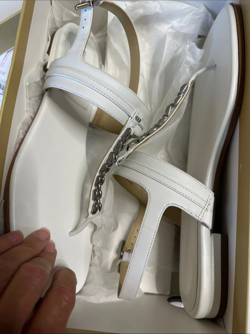 Michael Kors White Leather T-Strap Sandals with Silver Chain Detail
